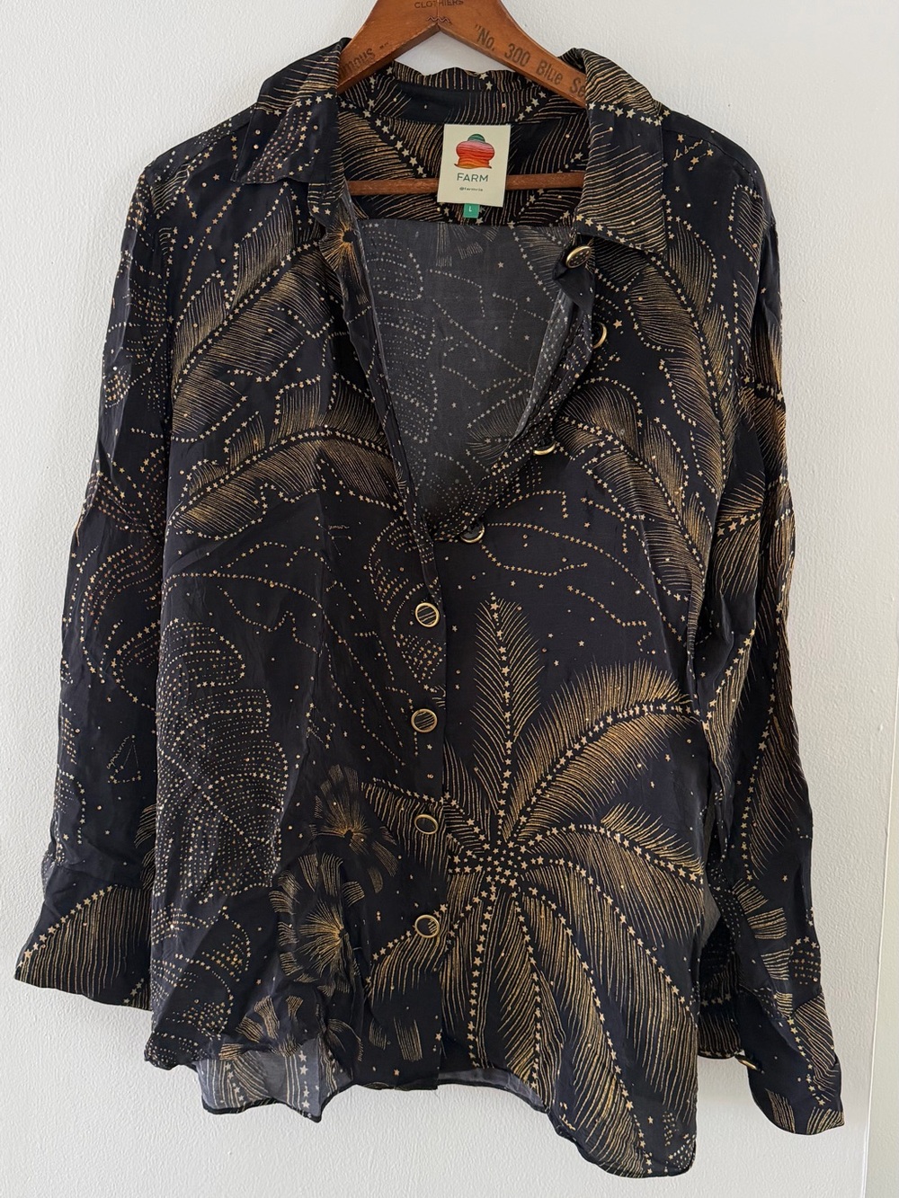 FARM Rio Black Button-Down Shirt with Gold Palm Print